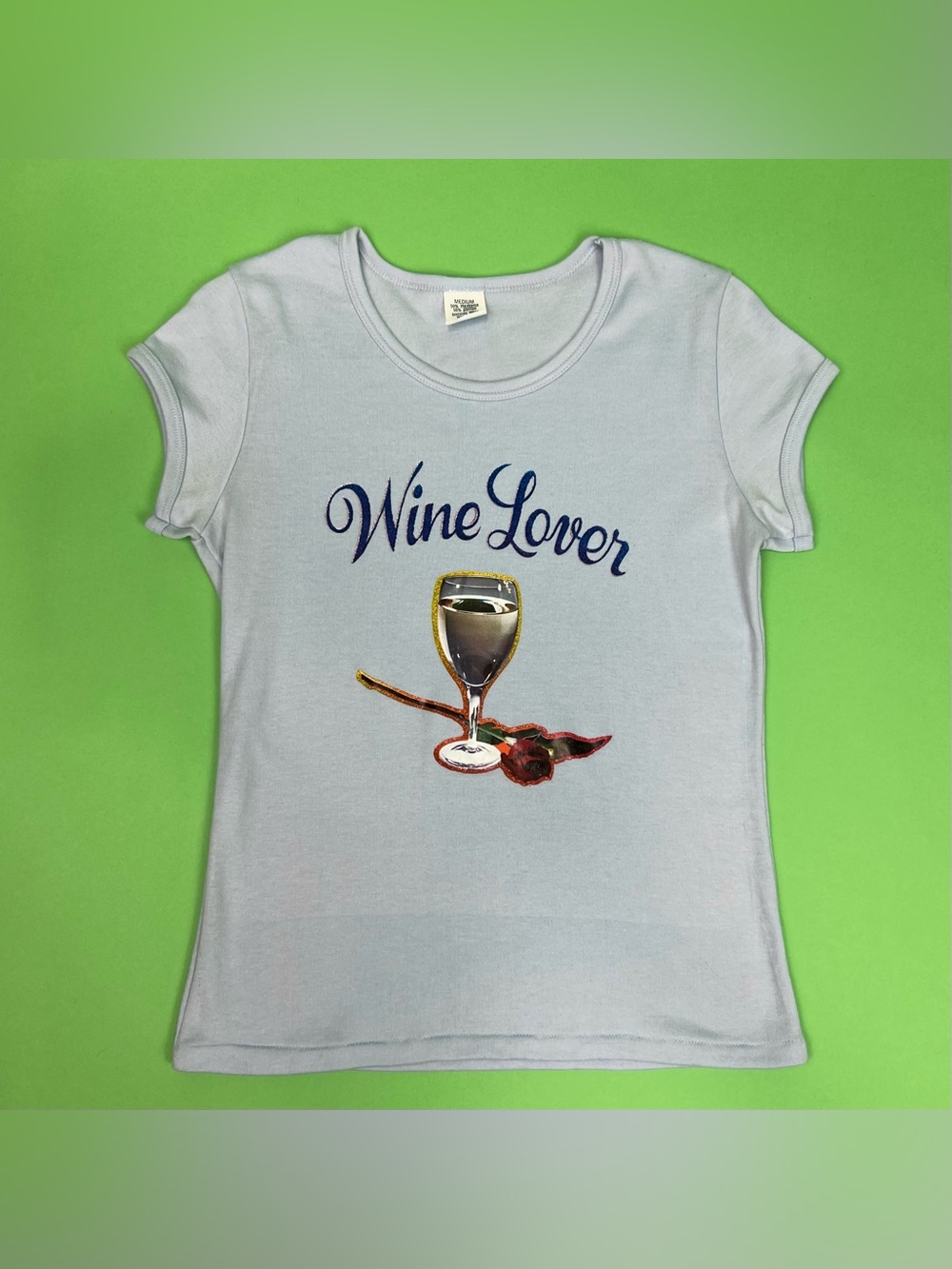 Vintage 70s Wine Lover Sparkly Glitter Iron-On Novelty Baby Tee - Size S/M